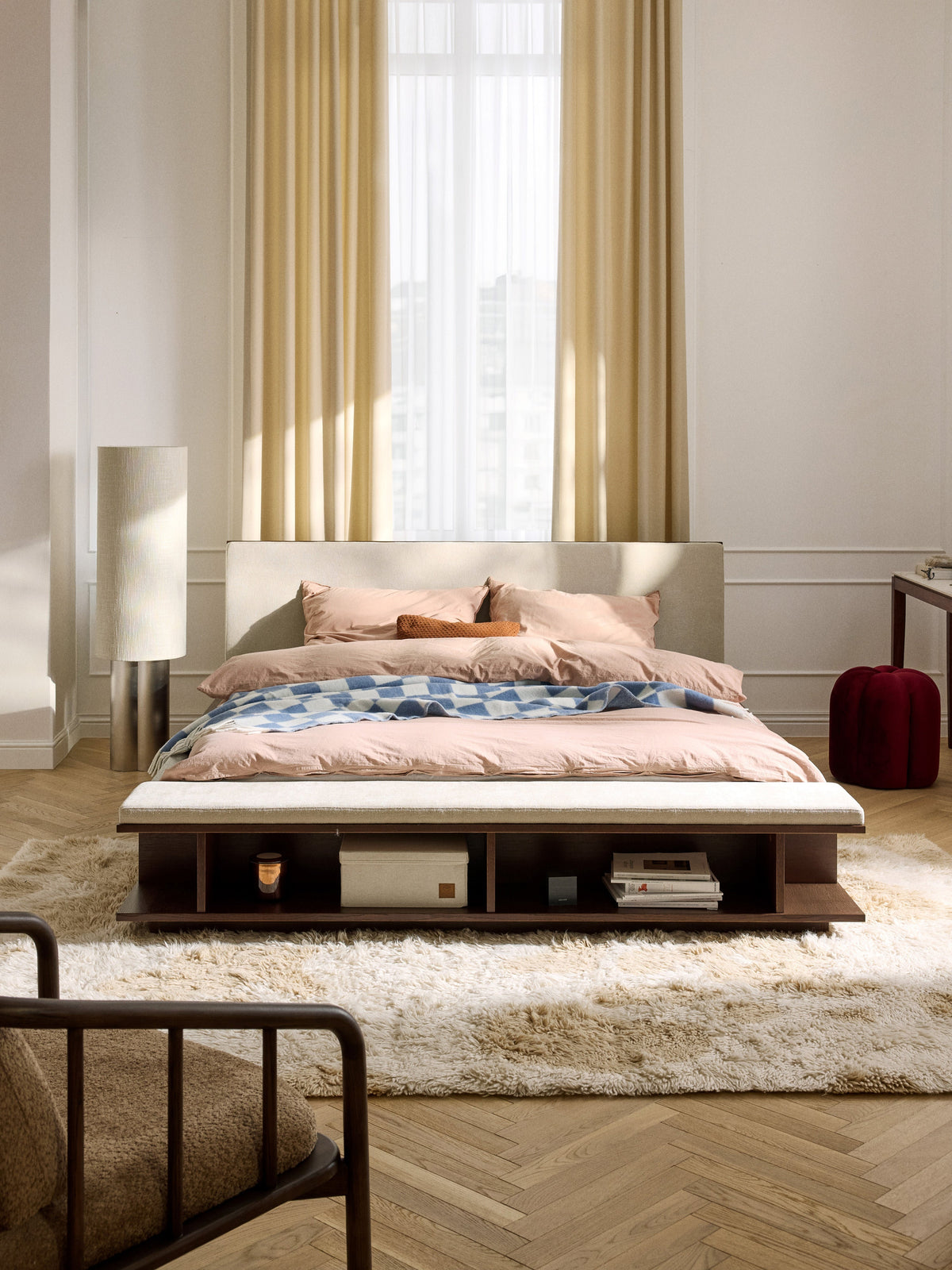 Clarnett Wooden Bed Frame with Bench and Side Shelves