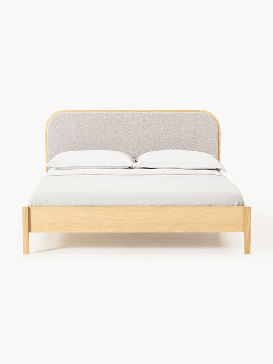 Jonnick Wooden Bed with Bouclé Headboard