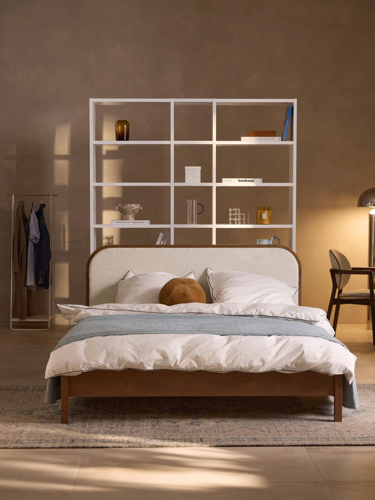 Jonnick Wooden Bed with Bouclé Headboard