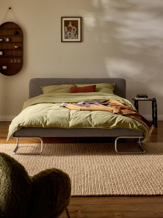 Olinka Bouclé Upholstered Bed with Metal Legs