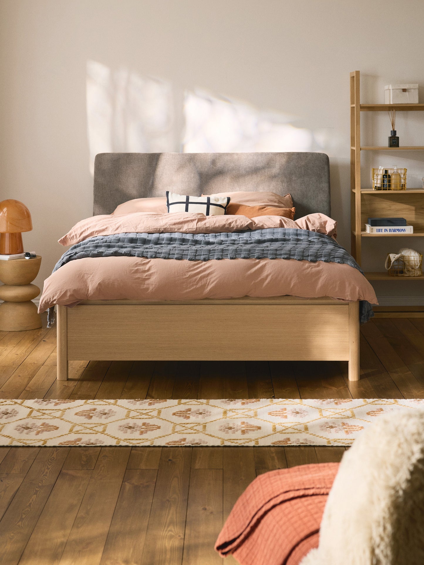 Santeno Wooden Bed with Drawers and Upholstered Headboard