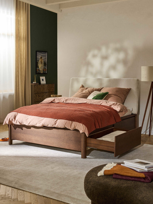 Santeno Wooden Bed with Drawers and Upholstered Headboard